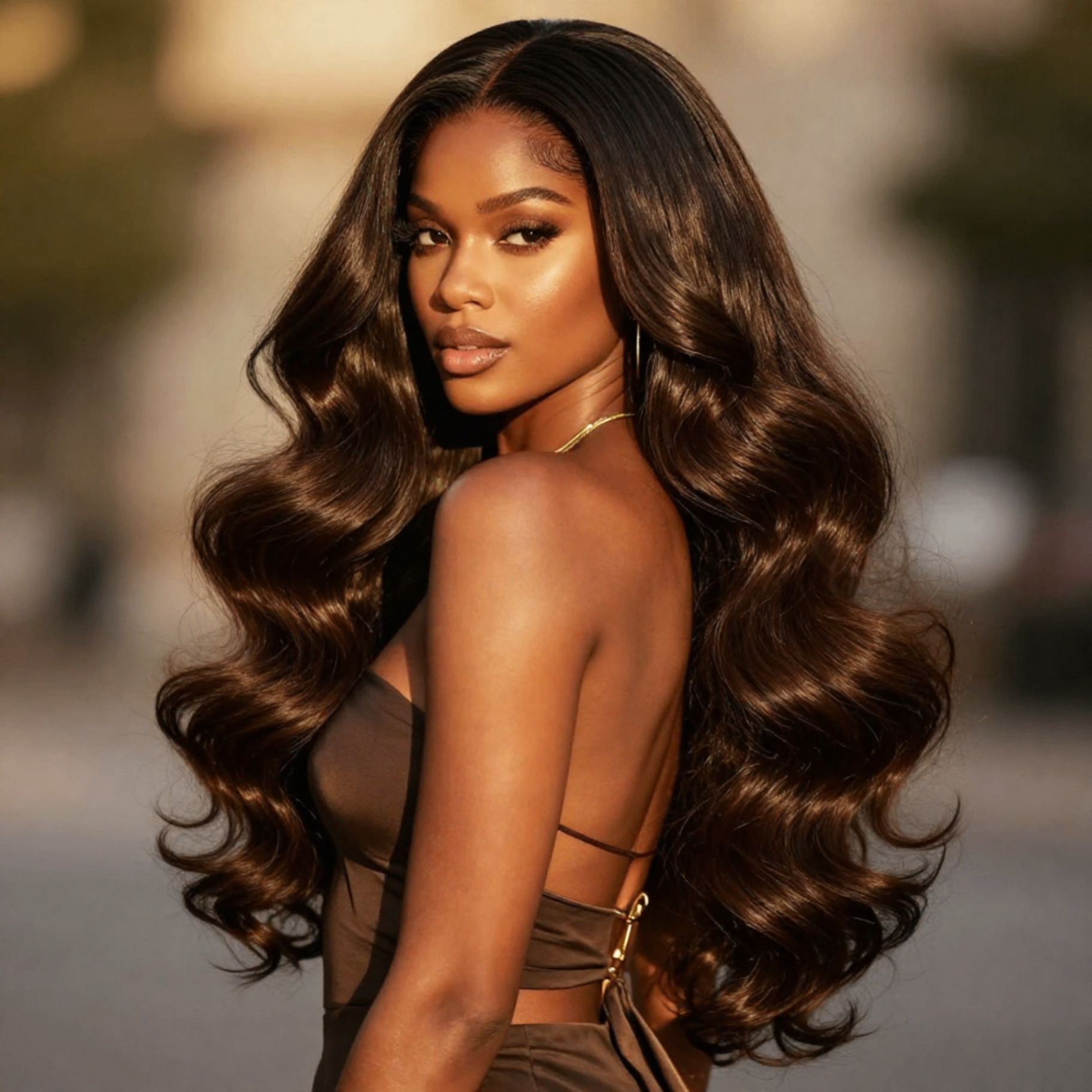 Editorial campaign shot — model with voluminous body wave install in golden hour light