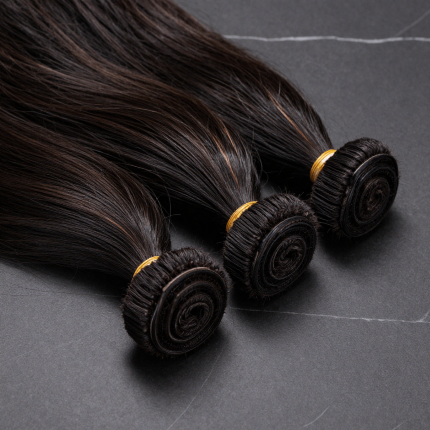 Three raw Brazilian hair bundles with cuticle-aligned strands on slate surface